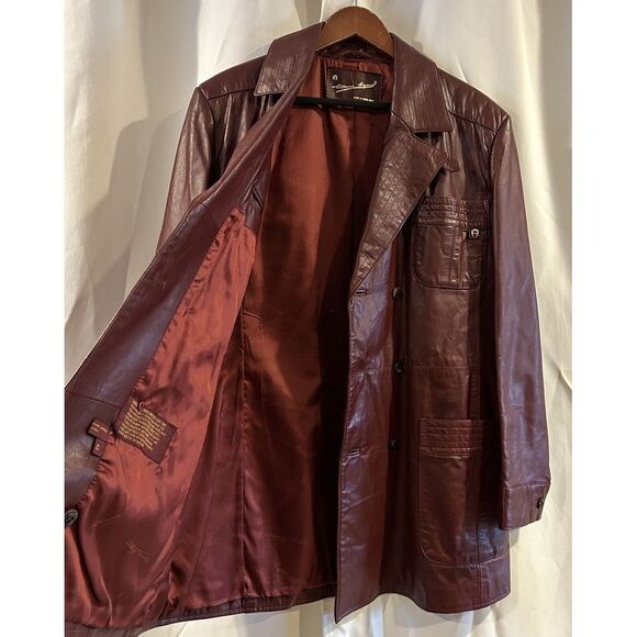 Vtg Etienne Aigner OXBLOOD Leather Double Breasted NORFOLK Belted Back Jacket 42 - Picture 5 of 7